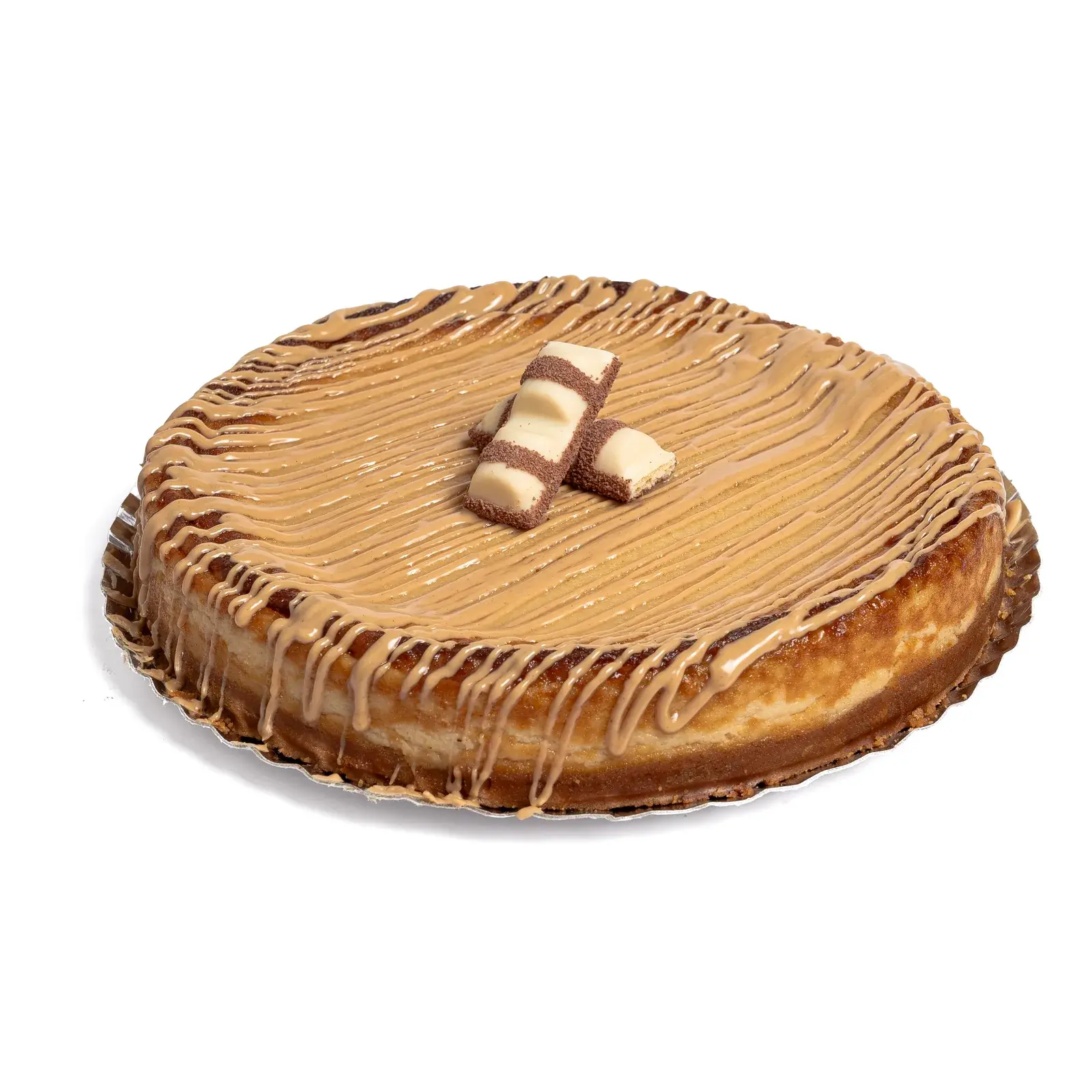 Tarta de queso de Kinder Bueno entera, con hilos de crema de avellana y una barrita Kinder Bueno en el centro, de la categoría Golosas
