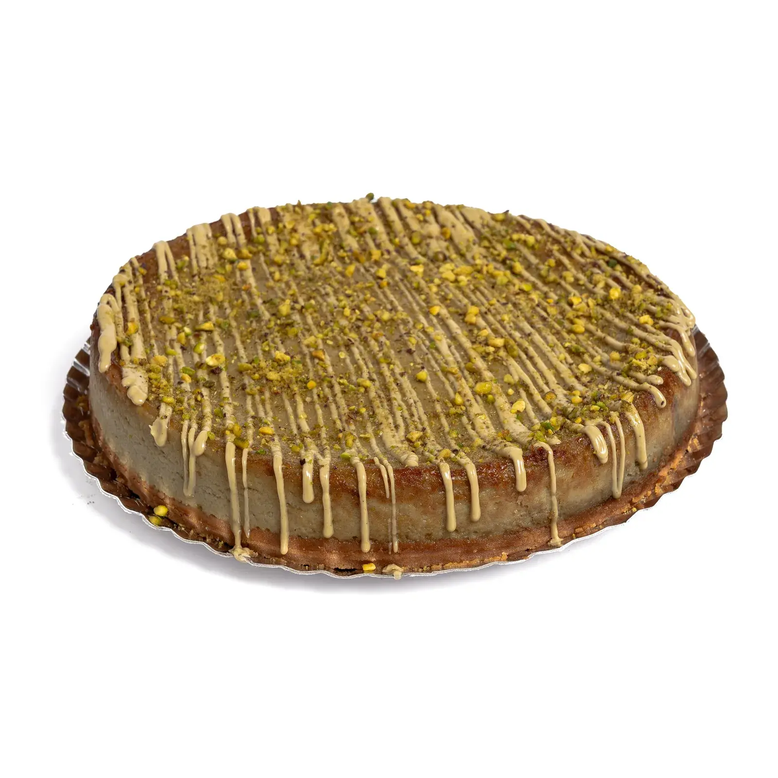 Tarta de queso de pistacho entera, con pistacho picado e hilos de crema de pistacho, de la categoría Atrevidas